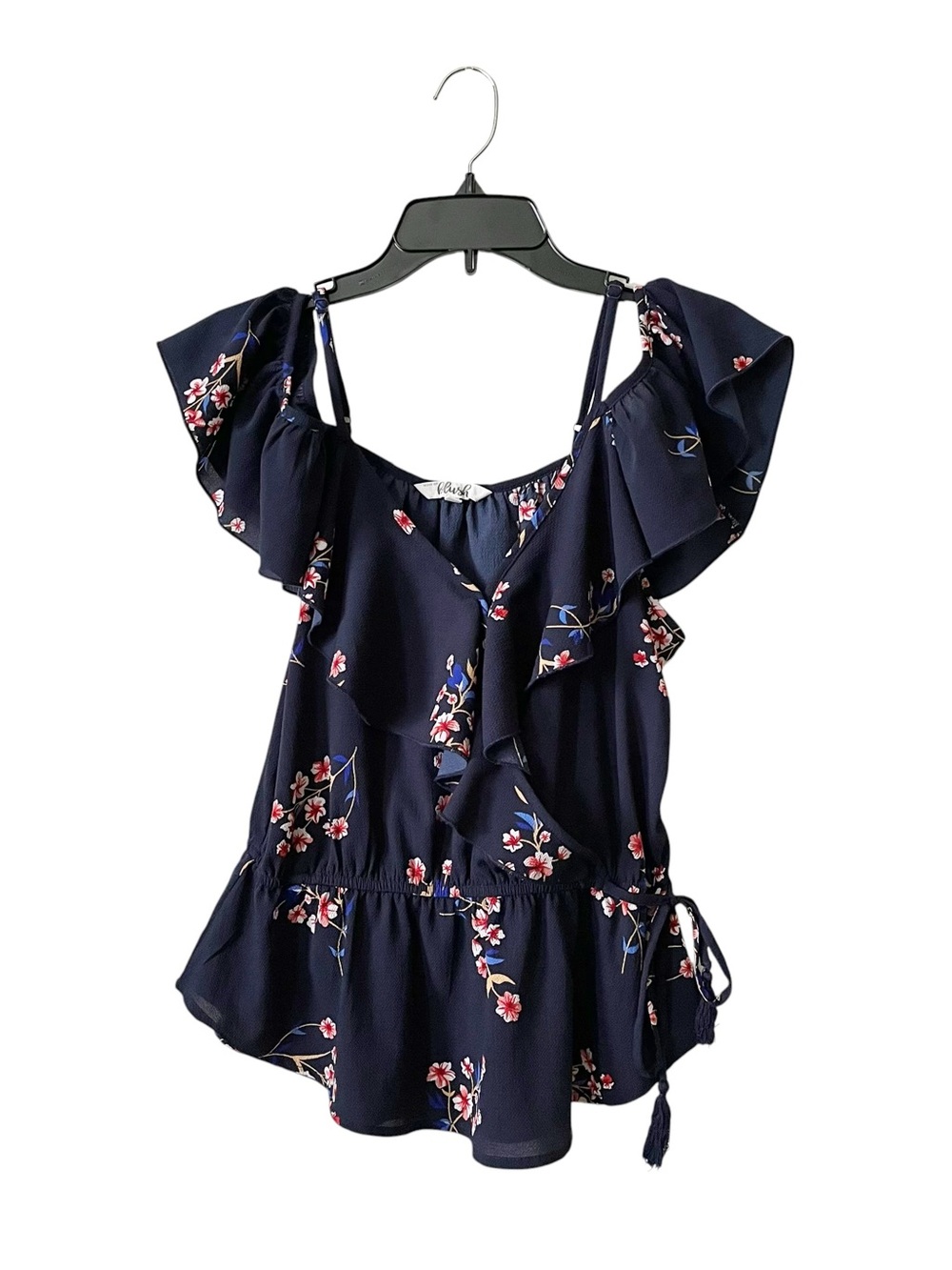 Hint of Blush Top Women's Size M Blue Floral Faux Wrap Cold Shoulder Flutter Slv